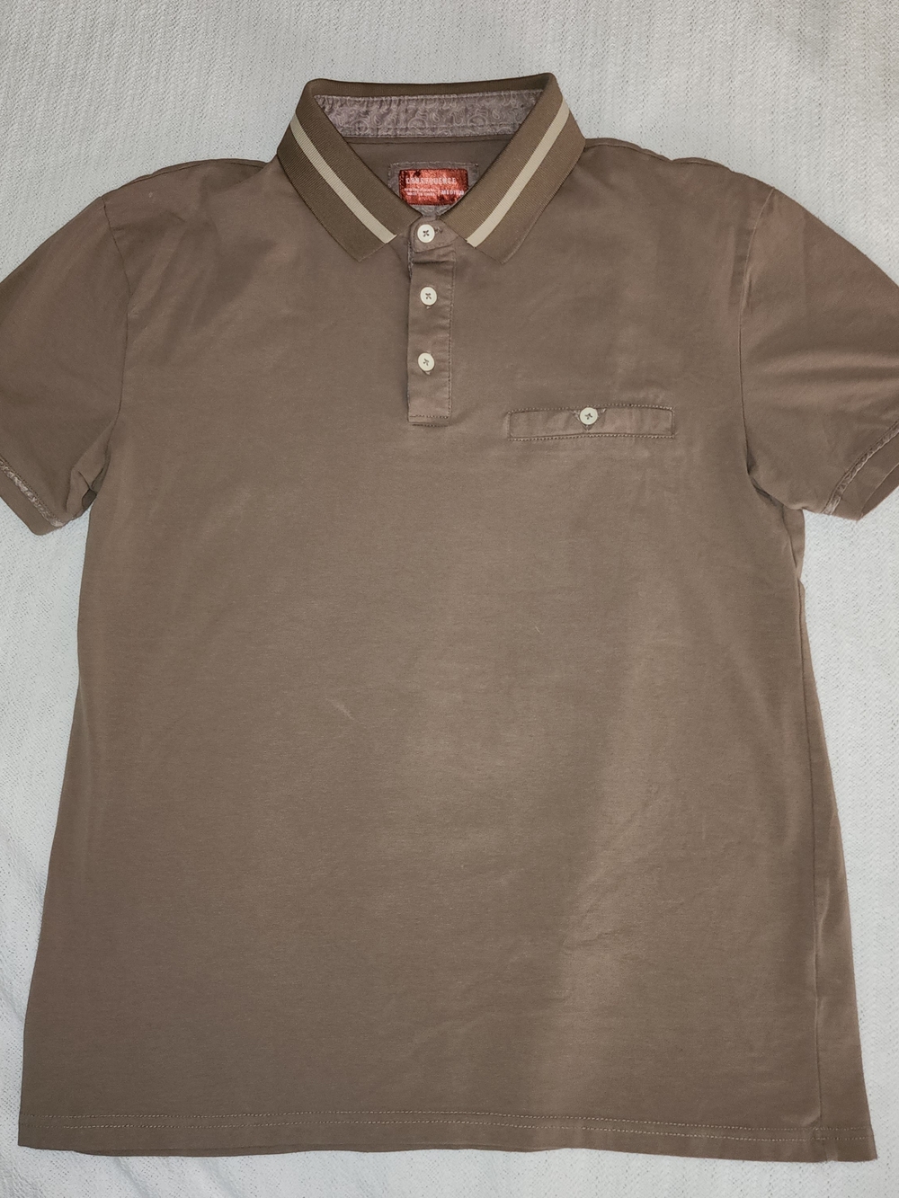 CONSEQUENCE Men's Short Sleeve Polo Shirt - Brown with Tipped Collar & Pocket-M